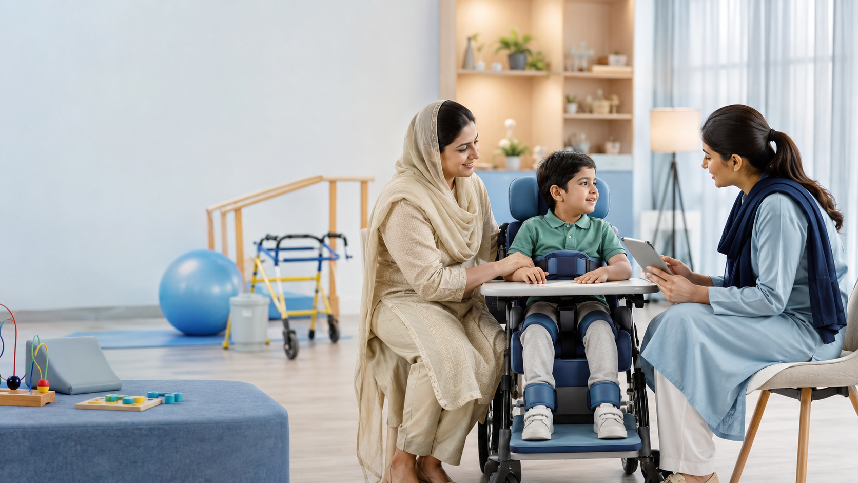 Assessment-guided pediatric rehabilitation support scene with child, caregiver, consultant, pediatric seating, therapy tools, and mobility planning.