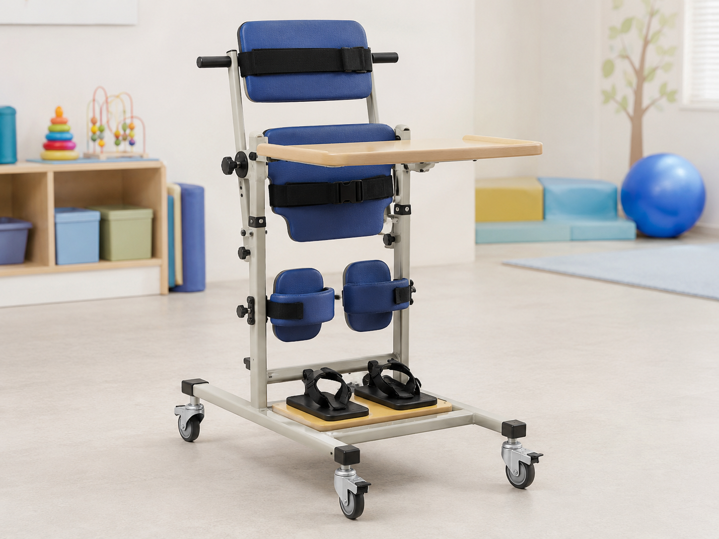 Pediatric standing frame for supported upright positioning