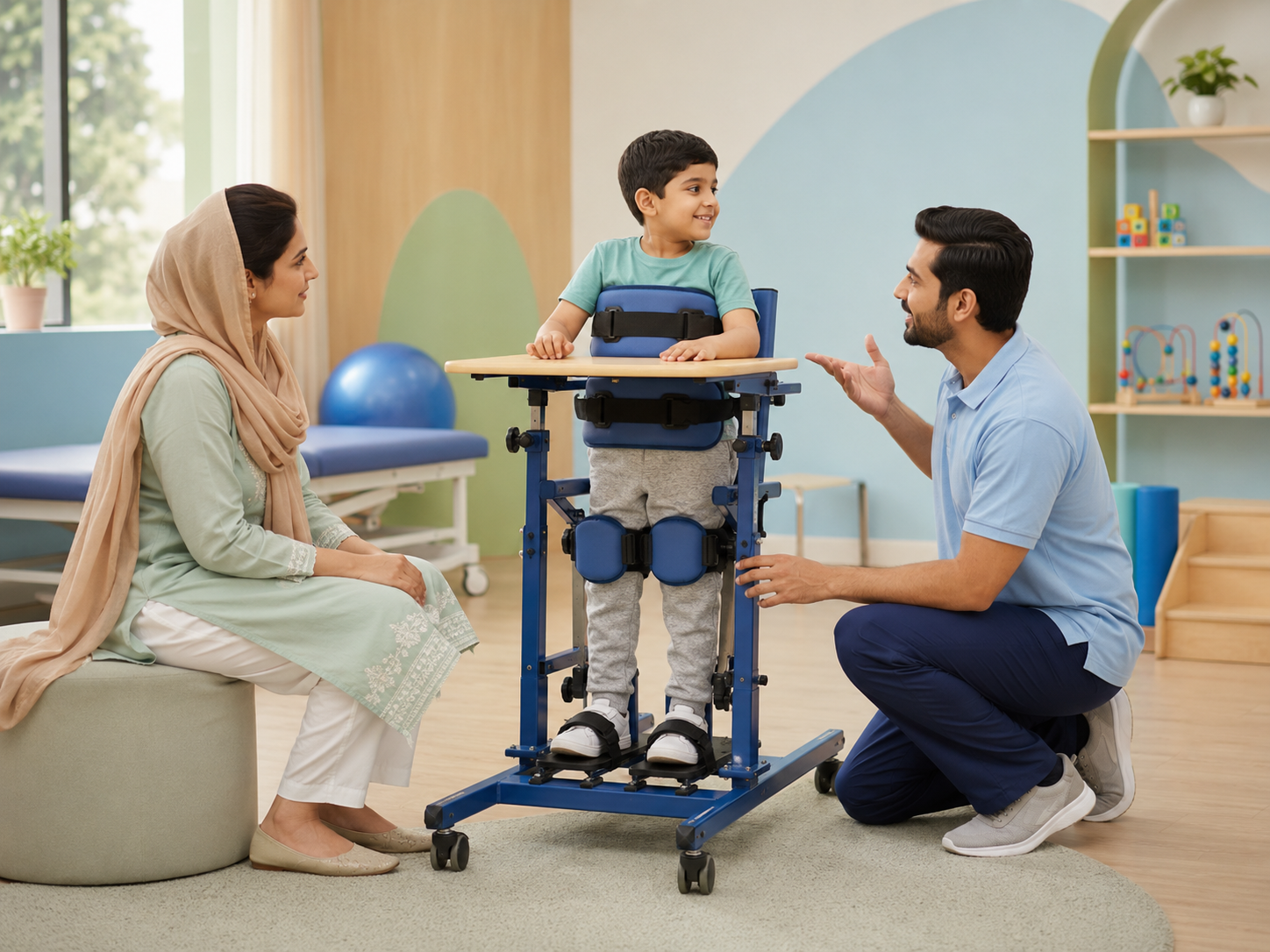 Guided standing support consultation with pediatric standing frame